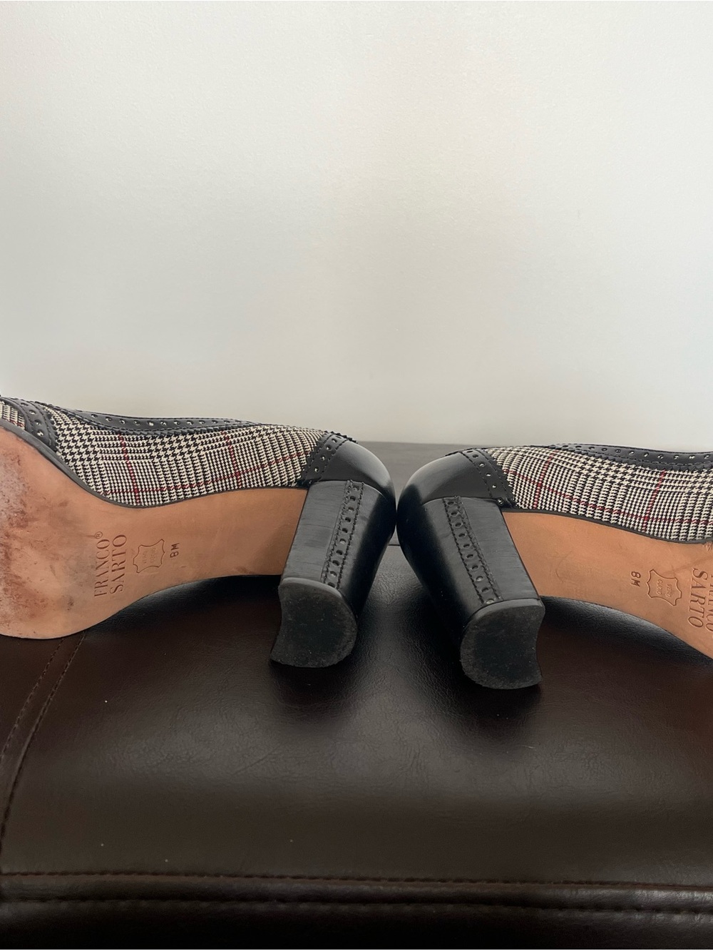 Franco Sarto Black and Cream Plaid Brogue Heels with Bow Accent - Picture 4 of 5